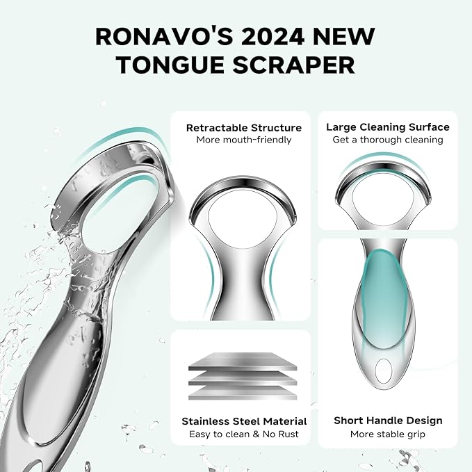 RONAVO Tongue Scraper Tongue Cleaner (New Series) Tongue Scraper for Adults Portable Storage Tongue Coating Removal Bad Breath Care Metal Tongue Scraper with Green Carrying Case