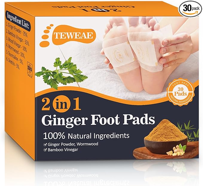 2 in 1 Foot Pads, 30 Pads Tear and Use Pure Ginger Bamboo Wormwood Foot Pads, Bigger Adhesive ''Stay in Place'' Goodnight Pads
