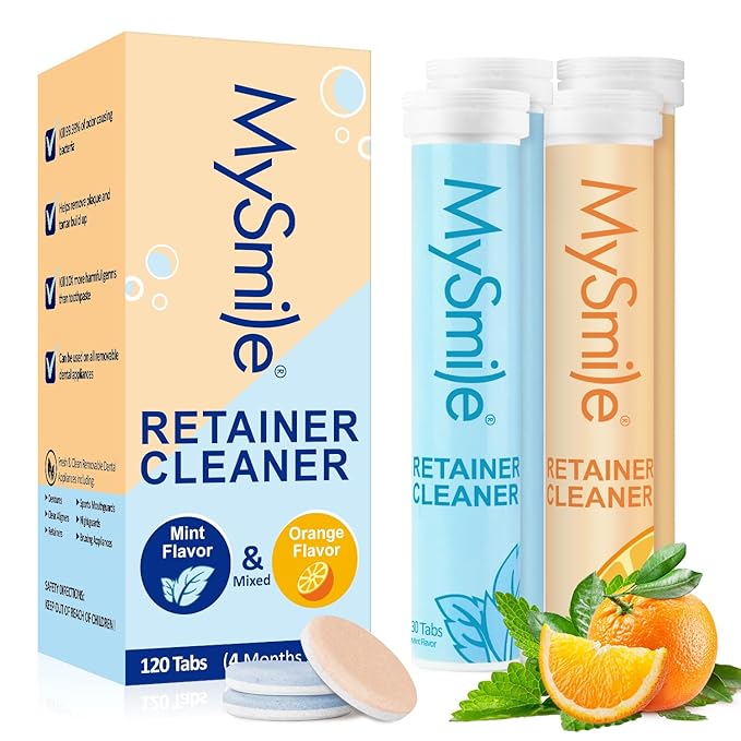MySmile Retainer Cleaner with 120 Denture Cleaning Tablets, Quickly Remove Odors, Discoloration Stains & Plaque from Aligner, Mouth Guard, Night Guard and More Dental Appliances (Mint+Orange Flavor)
