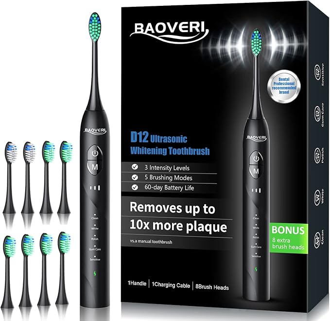 BAOVERI Electric Toothbrush with 8 Brush Heads, 42000 VPM Rechargeable Sonic Toothbrushes, 5 Modes & 3 Intensity Levels, IPX7 Waterproof, 2 Minutes Smart Timer, 4 Hours Fast Charge for 60 Days