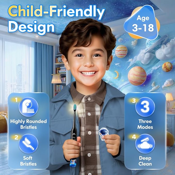 Kids Electric Toothbrush Rechargeable Age 3-5-6-12-18 Year Old, Sonic Toothbrush Kids with Timer 3 Modes 4 Vibrating Heads Habit Stickers Tooth Brush for Girls Boys and Childrens (Astronaut Black)