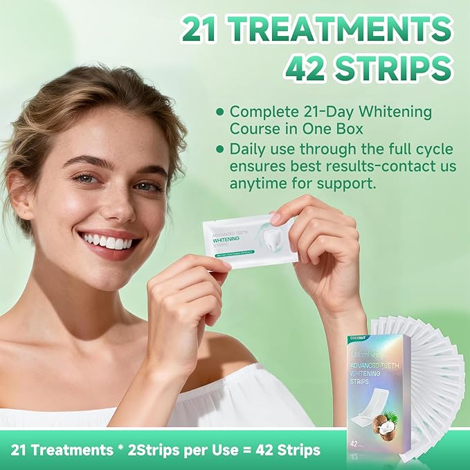 Teeth Whitening Strips for Sensitive, 42 Strips Whitener Safe Whitestrip, Deep Stains Removal Tooth Whitening, Enamel Safe Non-Slip Dry Strip Technology for Whiter Teeth,Coconut