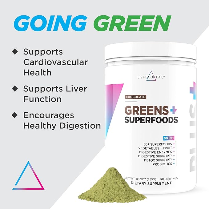 Livingood Daily Greens & Superfood Powder, Super Greens for Gut Health, Green Juice Powder with Spirulina, Chlorella, and Digestive Enzymes, Probiotics for Digestive Support, Chocolate, 30 Servings