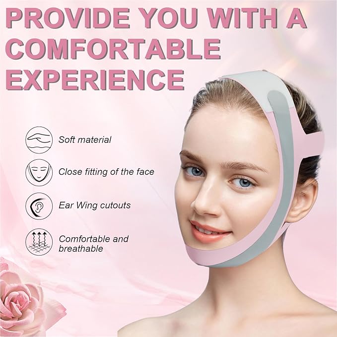 Chin Strap for Sleeping,Anti Snoring Chin Strap for CPAP Users,V-Line Lifting Mask,Adjustable and Breathable Chin Strap-Keep Mouth Closed for Effectively Reduce Snoring (Pink-White)