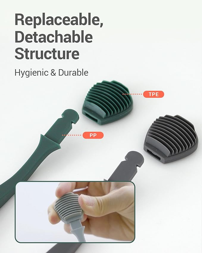DEARCUS Korean Tongue Scraper with 3 Replaceable Heads - 100% BPA Free TPE Tongue Cleaner - Reduce Bad Breath & Without Hurt - Hygienic Scraper - Modern & Simple Design (Deep Green)