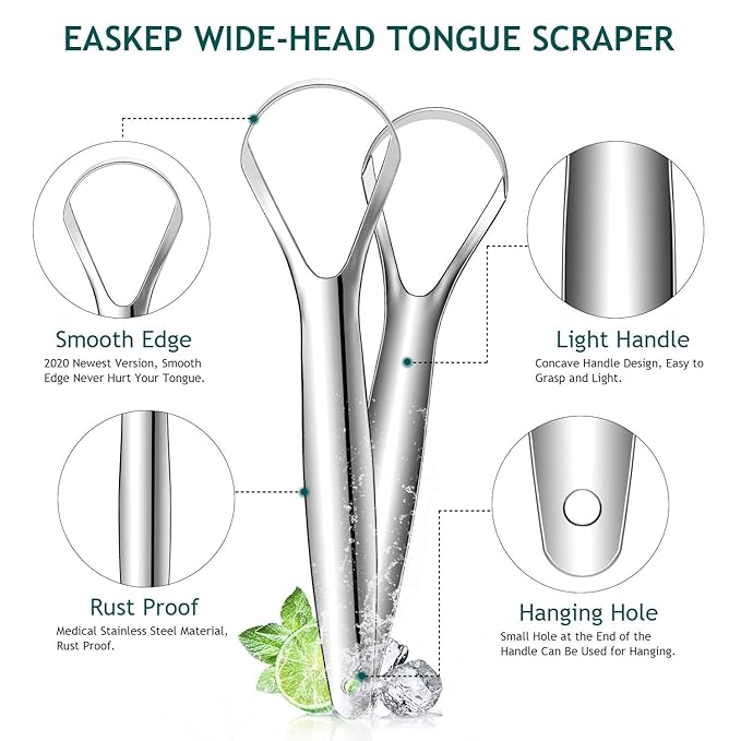 Tongue Scraper (2 Pack), Wide-head Tongue Cleaner with Nice Carrying Box, Easkep 100% Stainless Steel Tongue Scrapers Cleaners, for Men, Women, Adults, Kids