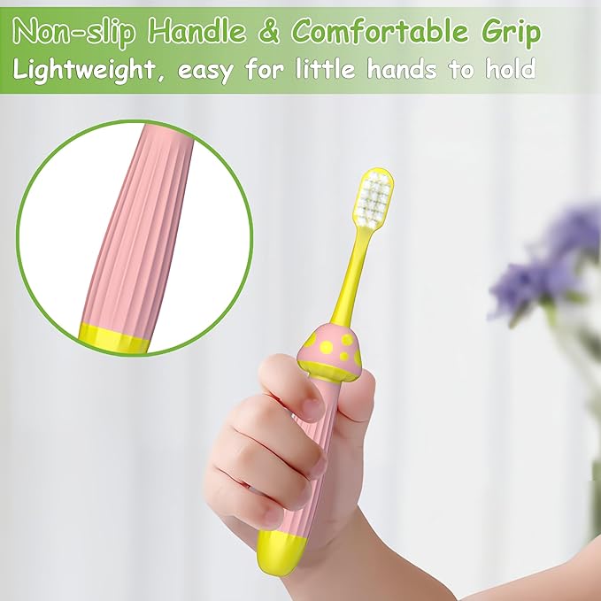 Kids Toothbrushes 4 Pack, Extra Soft Toddler Toothbrush 1-12 Years, Cute Mushroom Baby Toothbrush Multicolor Infant Training Tooth Brush Complete Tooth and Gum Care, Easy to Grip
