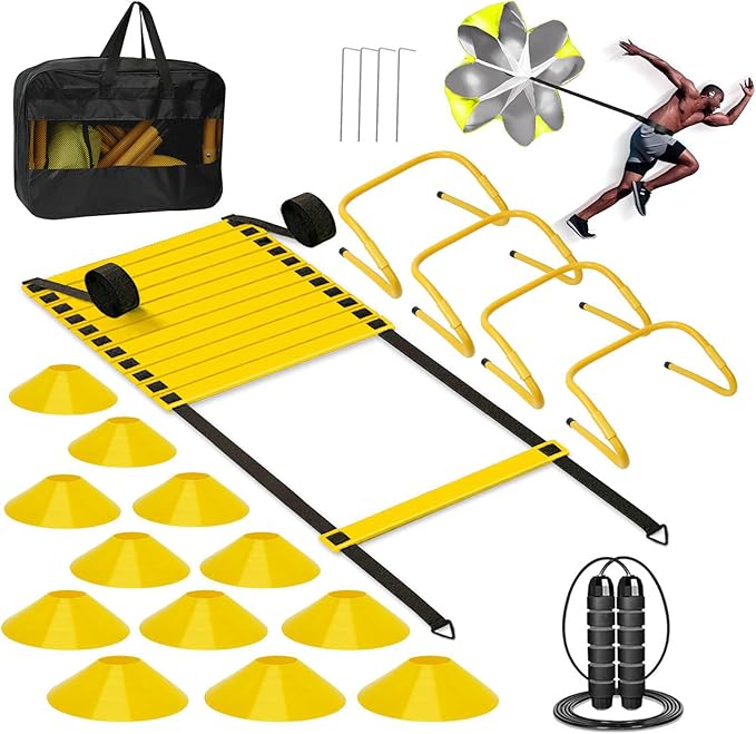 Agility Ladder, Soccer Training Equipment Set, 4 Agility Hurdles, 20ft Speed Ladder, Running Parachute, 12 Football Cones, Jump Rope | Soccer Basketball Athletes Speed Training
