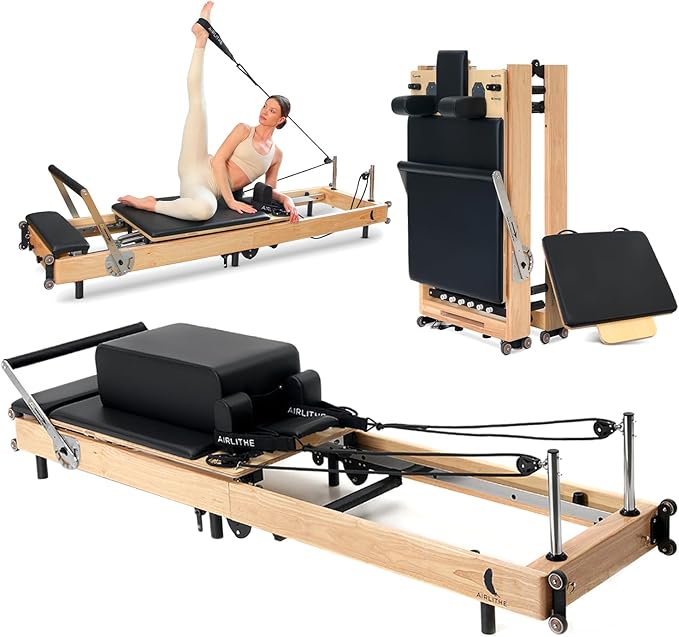 Airlithe Foldable Pilates Reformer Machine|Wooden Frame Reformer Machine with Strings, Versatile Accessories & 50+ Expert-Guided Workouts|Equipment for Strength Training, Rehabilitation, & Flexibility