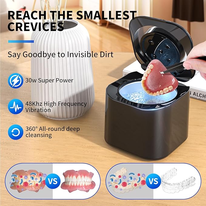 Ultrasonic Retainer Cleaner, 48kHz Retainer Cleaner Machine for Dentures, Night Mouth Guards, Jewelry, Aligner, Braces, 30W Dental Cleaning Pod with Digital Timer, 180ML, Dual Cleaning Mode