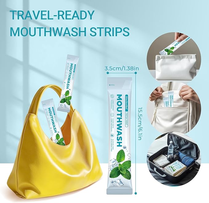 Travel-Size Alcohol & Fluoride Free Mint Mouthwash Packets, 60 Individually Wrapped Portable Packs for Adults, Fresh Breath Mint Flavored Mouthwash for Oral Hygiene, 0.63 Fl Oz Each