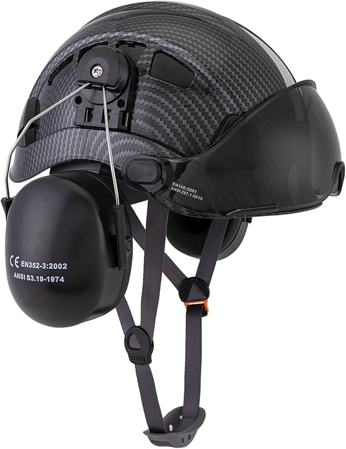 LOHASPRO Arborist Forestry Helmet Safety Hard Hat with Visor and Ear Muffs Carbon Fiber Hard Hat for Logging Chainsaw Helmet Mowing(Black Graphite Pattern with Smoked Visor+Earmuffs)