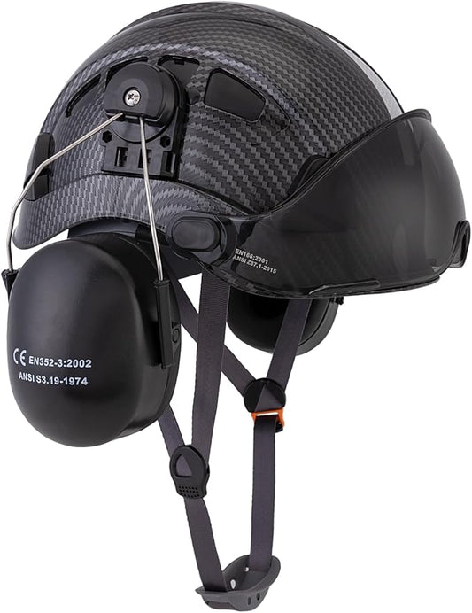 LOHASPRO Arborist Forestry Helmet Safety Hard Hat with Visor and Ear Muffs Carbon Fiber Hard Hat for Logging Chainsaw Helmet Mowing(Black Graphite Pattern with Smoked Visor+Earmuffs)