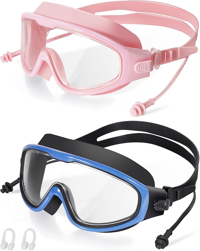 Adult Swimming Goggles,Leak-Proof,Anti-Fog Pool Glasses,Wide View Swim Goggles with Ear Plugs and Nose Clip