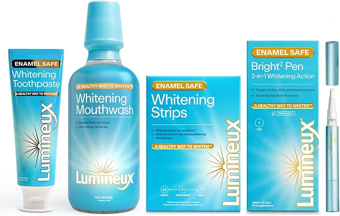 Lumineux Ultimate Whitening Kit Bundle - Contains Toothpaste, Mouthwash, Strips and Whitening Pen - Enamel Safe and Clinically Proven to Whiten Without The Sensitivity - Removes Coffee and Tea Stains