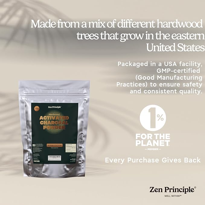 Zen Principle Hardwood Activated Charcoal Powder 100 Percent from USA Trees. All Natural. Whitens Teeth, Rejuvenates Skin and Hair, Supports Better Digestion, 40 Oz