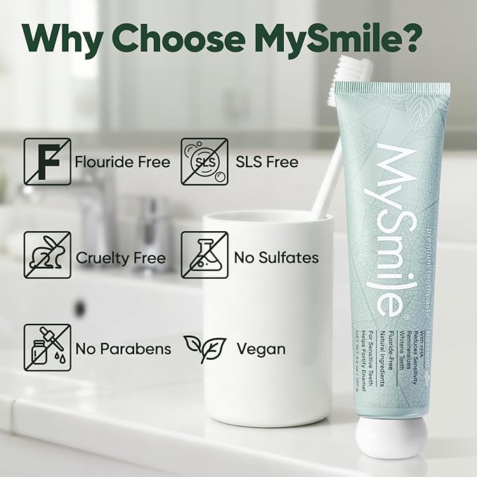 MySmile Fluoride Free Toothpaste, Nano Hydroxyapatite Toothpaste for Sensitive Teeth, Strengthens Enamel, Remineralizes & Whitens Teeth, Freshens Breath for Adults, SLS Free, Natural Misty Mint, 4.2oz