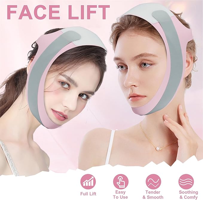 Chin Strap for Sleeping,Anti Snoring Chin Strap for CPAP Users,V-Line Lifting Mask,Adjustable and Breathable Chin Strap-Keep Mouth Closed for Effectively Reduce Snoring (Pink-White)