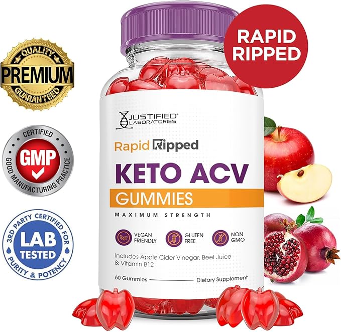 Justified Laboratories Rapid Ripped Keto ACV Gummies Advanced Formula 1000MG Rapidripped Keto Gummies Apple Cider Vinegar Formulated with Pomegranate Beet Juice Powder B12 Vegan Non GMO 60 Gummys