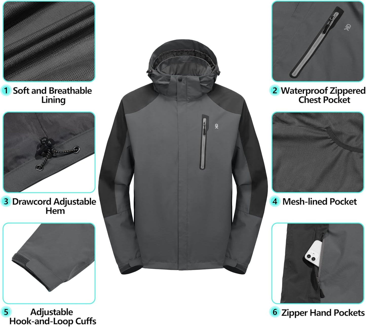 Little Donkey Andy Men's Waterproof Rain Jacket Outdoor Lightweight Hooded Raincoat for Hiking Golf Travel Fishing