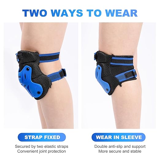 2PM SPORTS Knee Pads for Kids, Wrist Guards Knee and Elbow Pads Set with Drawstring Bag, Protective Gear Set for Girls Boys Roller Skating Cycling Skateboard - Blue Medium