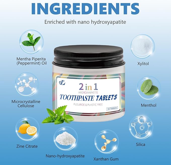 Toothpaste Tablets with Nano Hydroxyapatite – 2-in-1 Chewable Mint Tablets for Fresh Breath & Daily Cleaning, Fluoride-Free, Travel Friendly Jar, 62 Count (1)