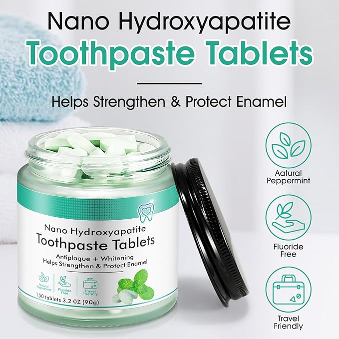 Toothpaste Tabs 150pcs, Nano Hydroxyapatite, Flouride Free Toothpaste Tablets, Freshens Breath, Peppermint Flavored Strengthen Teeth, Eco & Travel Friendly