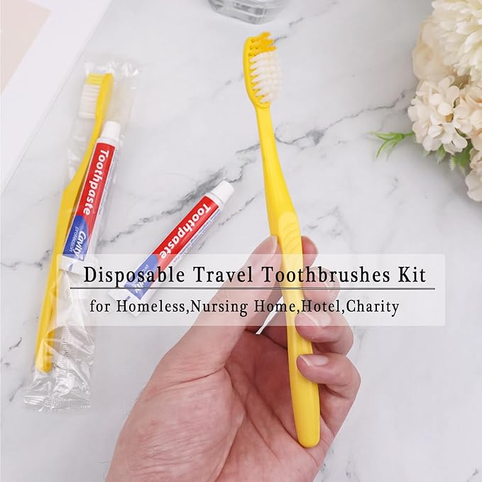 Disposable Toothbrushes with Toothpaste Pack of 100, Yellow Hollow Toothbrush with 10g Toothpaste Individually Wrapped Disposable Travel Toothbrushes Kit in Bulk for Homeless,Airbnb,Hotel,Charity