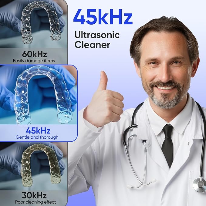 MySmile Ultrasonic Retainer Cleaner- 45kHz Denture Cleaner Machine with 200ML Capacity for Aligner, Mouth Guard, Braces, Portable Dental Cleaning Pod with 2 Mode Digital Timer for Home, Travel (WHITE)