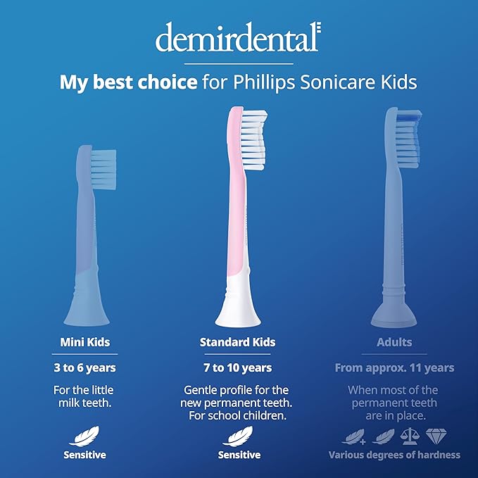 demirdental Kids Toothbrush Heads Compatible with Philips Sonicare Kids Toothbrush Heads - Replacement Heads Sensitive - Brush Heads from Ages 7 to 10 - Pink - Replaces HX6048-8 Pack