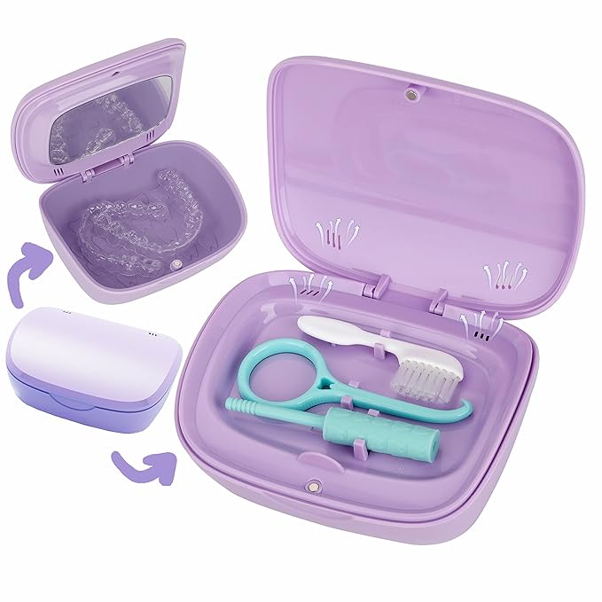 MURRI&MURRDI Retainer Case, Denture Bath Box with Strainer Basket, Mouth Guard Case, Braces Cleaner Cup, Cute Denture Holder Nightguard Storage Soak Container for Travel Cleaning (C Purple)