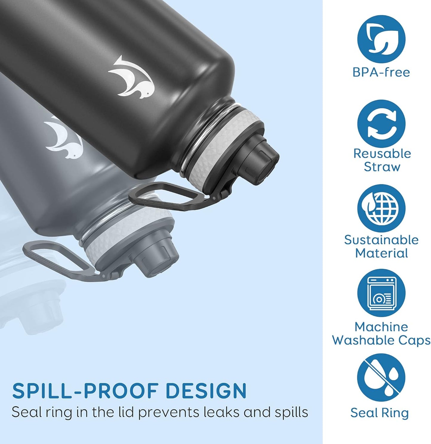 Insulated Water Bottle 87 oz with Straw, Coolflask 2/3 Gallon Stainless Steel Metal 3 Lids Large Water Jug for Sports or Office, Non-BPA Keep Cold Up to 48 Hrs or Hot Up to 24 Hrs, Magic Black