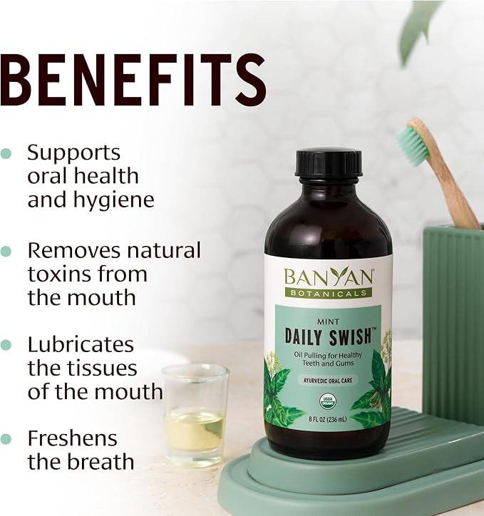 Banyan Botanicals Mint Daily Swish – Organic Ayurvedic Pulling Oil with Coconut Oil – Mouthwash for Fresh Breath and Sparkling Oral Health* – 8 oz – Non GMO Sustainably Sourced Vegan