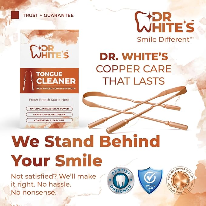Dr. White’s Copper Tongue Cleaner – Dentist-Formulated Dual-Grip Design for Fresh Breath & Everyday Oral Detox – 100% Forged Copper, For Adults & Kids, Rust-Resistant, Built to Last (2-Pack)