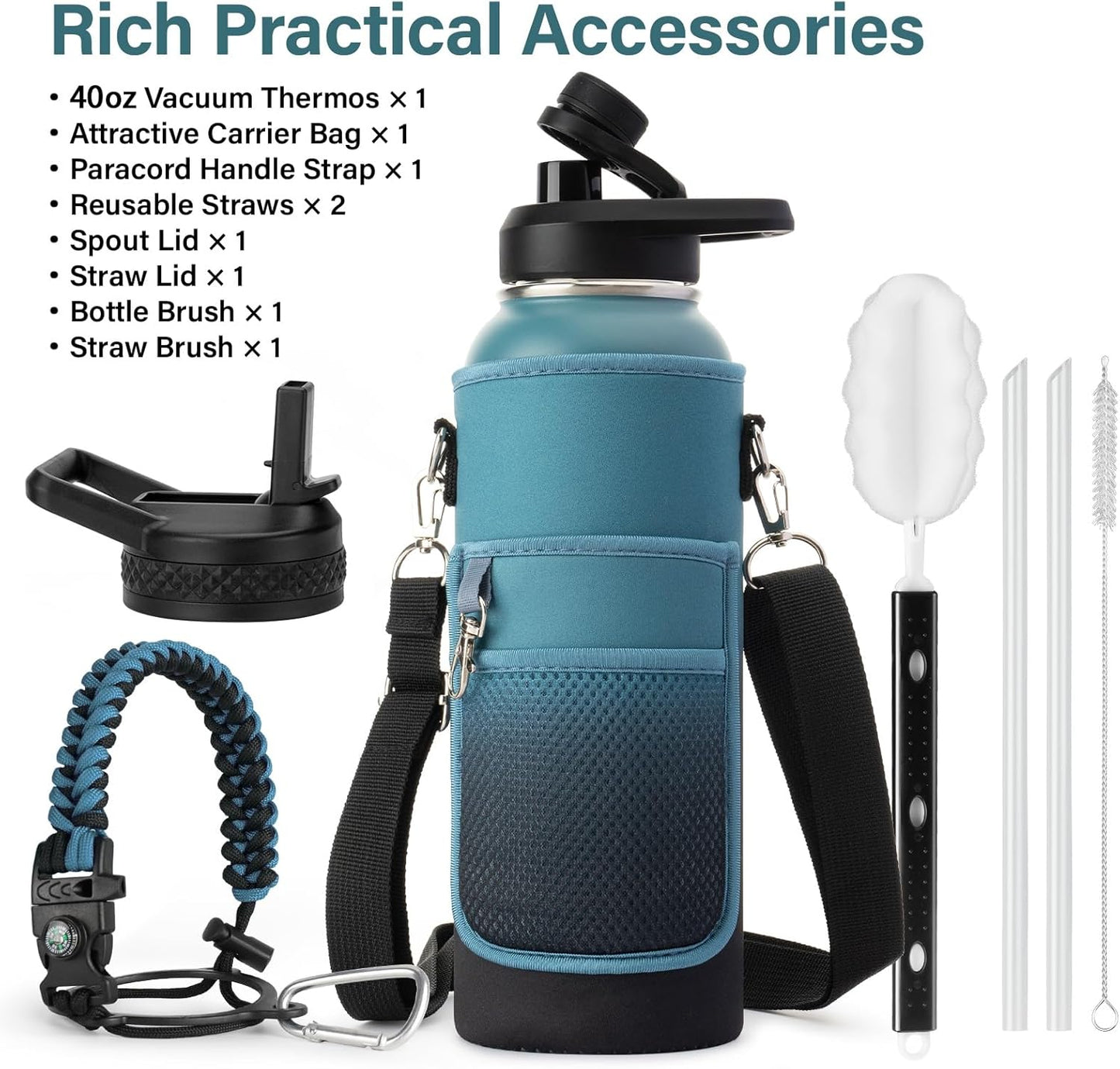 40 oz Insulated Water Bottle | Thickened Stainless Steel Vacuum Metal | Portable Sports Water Jug for Gym and Hiking with Straw, Carrier Bag, Handle Strap | BPA-Free 40 oz