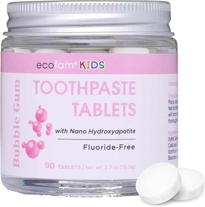 EcoFam Toothpaste Tablets – Bubblegum | Nano Hydroxyapatite Toothpaste Tablets Kids - Chewable - Made with Xylitol | Fluoride Free l 90 Tabs