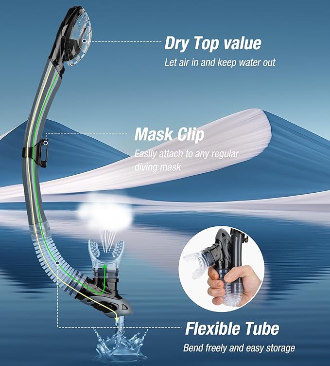 Aegend Dry Snorkel, Dive Mask Easy-Breath Free Diving Snorkel for Snorkeling Scuba Diving Freediving Swimming, with Top Dry Valve and Food-Grade Silicone Mouthpiece