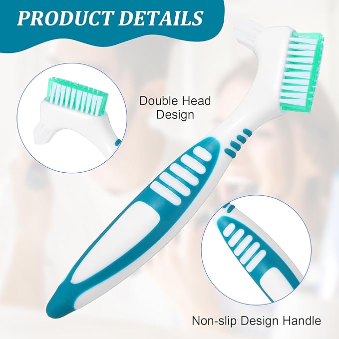 2pcs Denture Brush, Denture Cleaning Brush Set with White Carrying Case Denture Toothbrushes with Multi-Layered Soft Bristles and Rubber Anti-Slip Handle (Purple + Green)