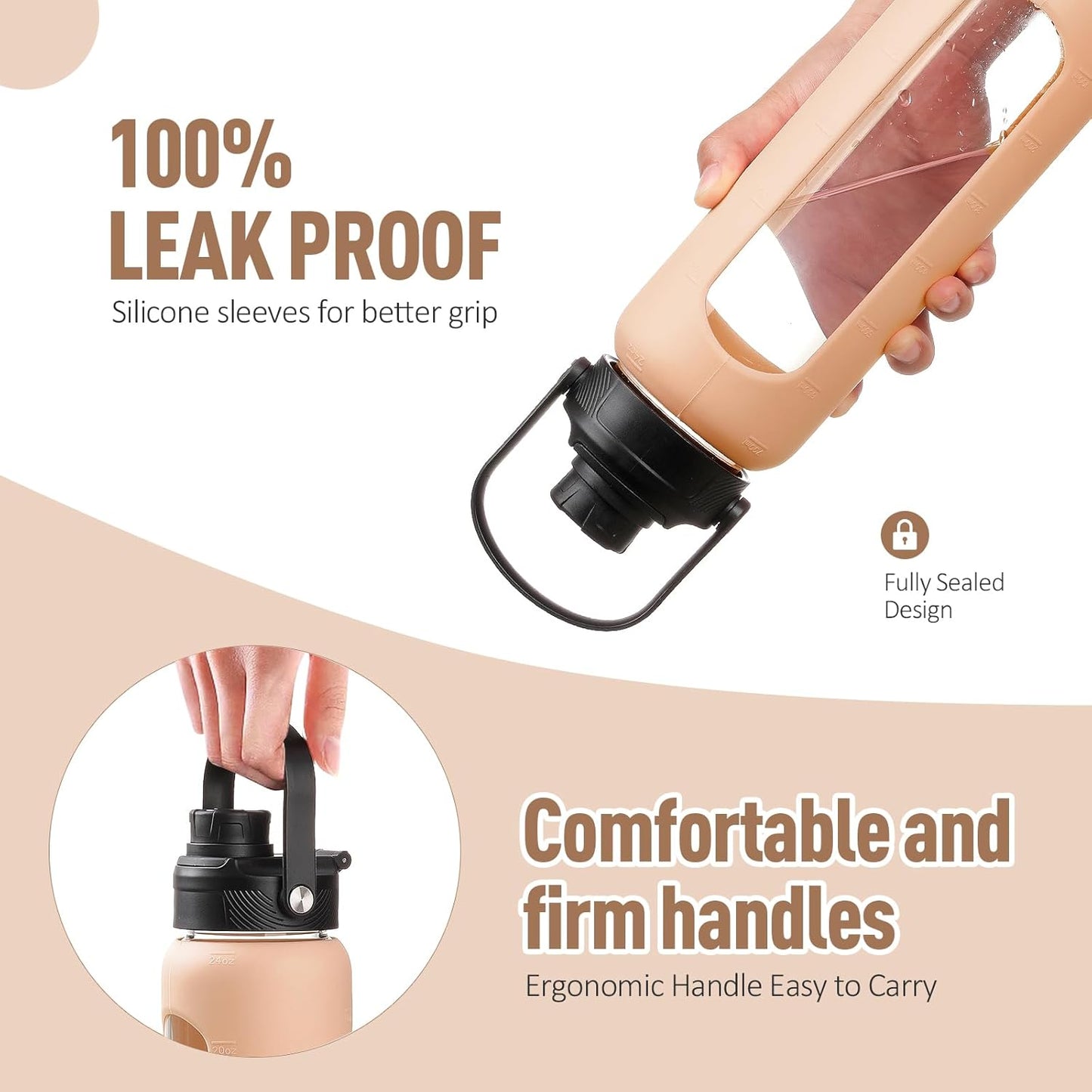 Kodrine Water Bottle with Straw, 24 oz Glass water Bottle with 2 Lids Bamboo Straw Lid and Spout Lid with Handle, 32 oz Clear Water Bottle Glass for Sports Travel, Waterbottle with Time Marker