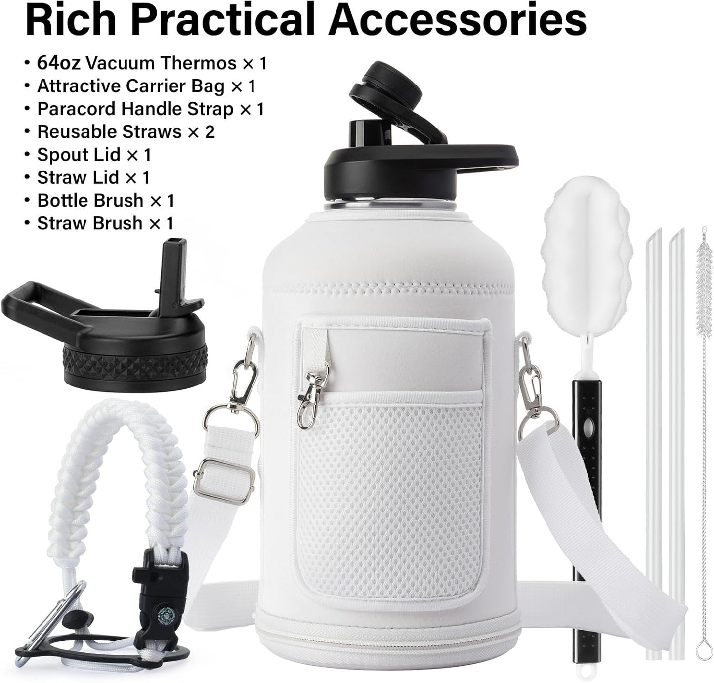 Insulated Water Bottle | Thickened Stainless Steel Vacuum Metal | Portable Sports Half Gallon Large Water Jug for Gym and Hiking with Straw, Carrier Bag, Handle Strap | BPA-Free 64 oz