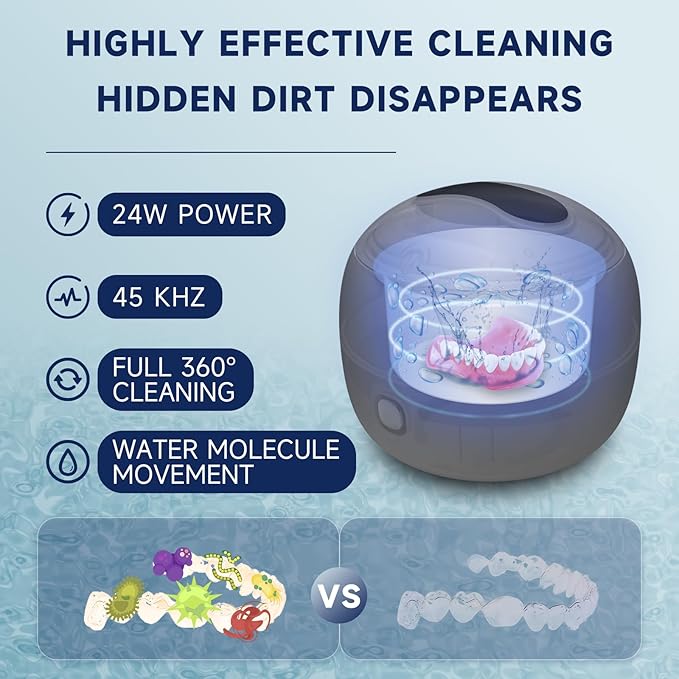 Ultrasonic Retainer Cleaner, 45kHz Retainer Cleaner Machine for Dentures, 4 Mode Dental Cleaning Pod with 200ML Capacity for Retainer Cleaning, Aligner, Mouth Guard, Toothbrush Head, Braces