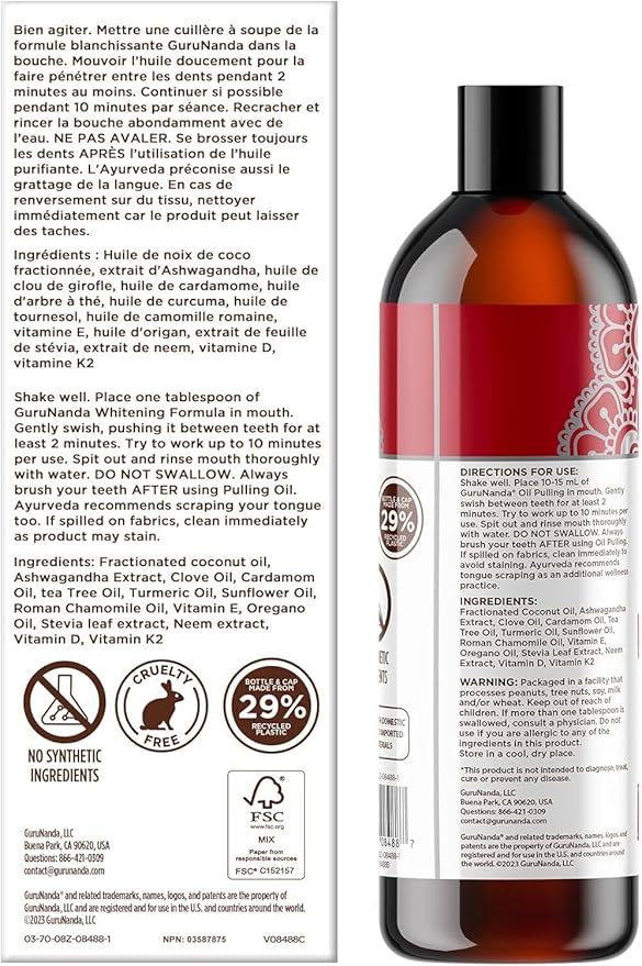 GuruNanda Cinnamon Oil Pulling Mouthwash, Promotes Calmness, with Neem & Ashwagandha for Fresh Breath & Happy Gums, Alcohol-Free, with Toothbrush & Tongue Scraper, 8 Oz