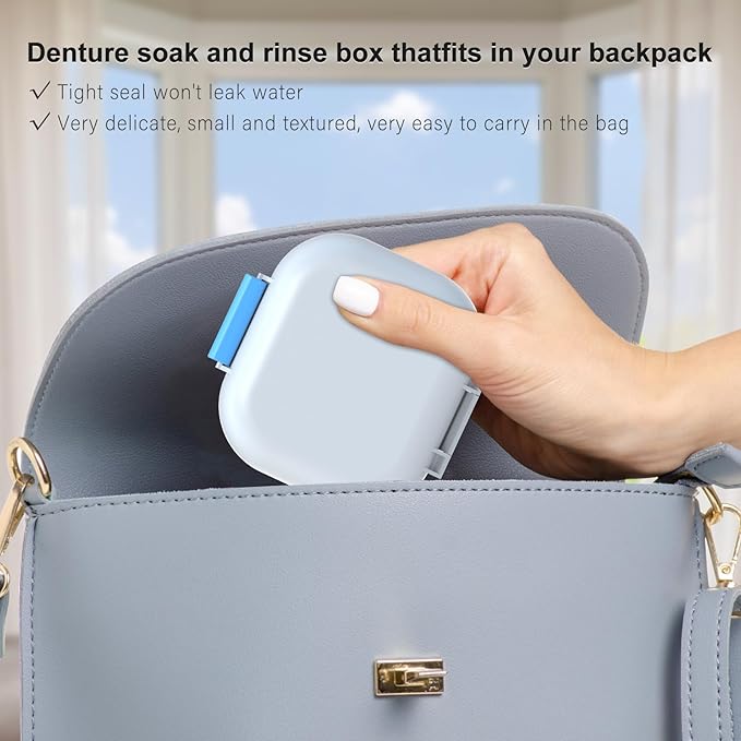 BVN Leak-Proof Denture Case, Denture Cup for Soaking Dentures, Retainer Cleaning Case Bule and White Denture Case