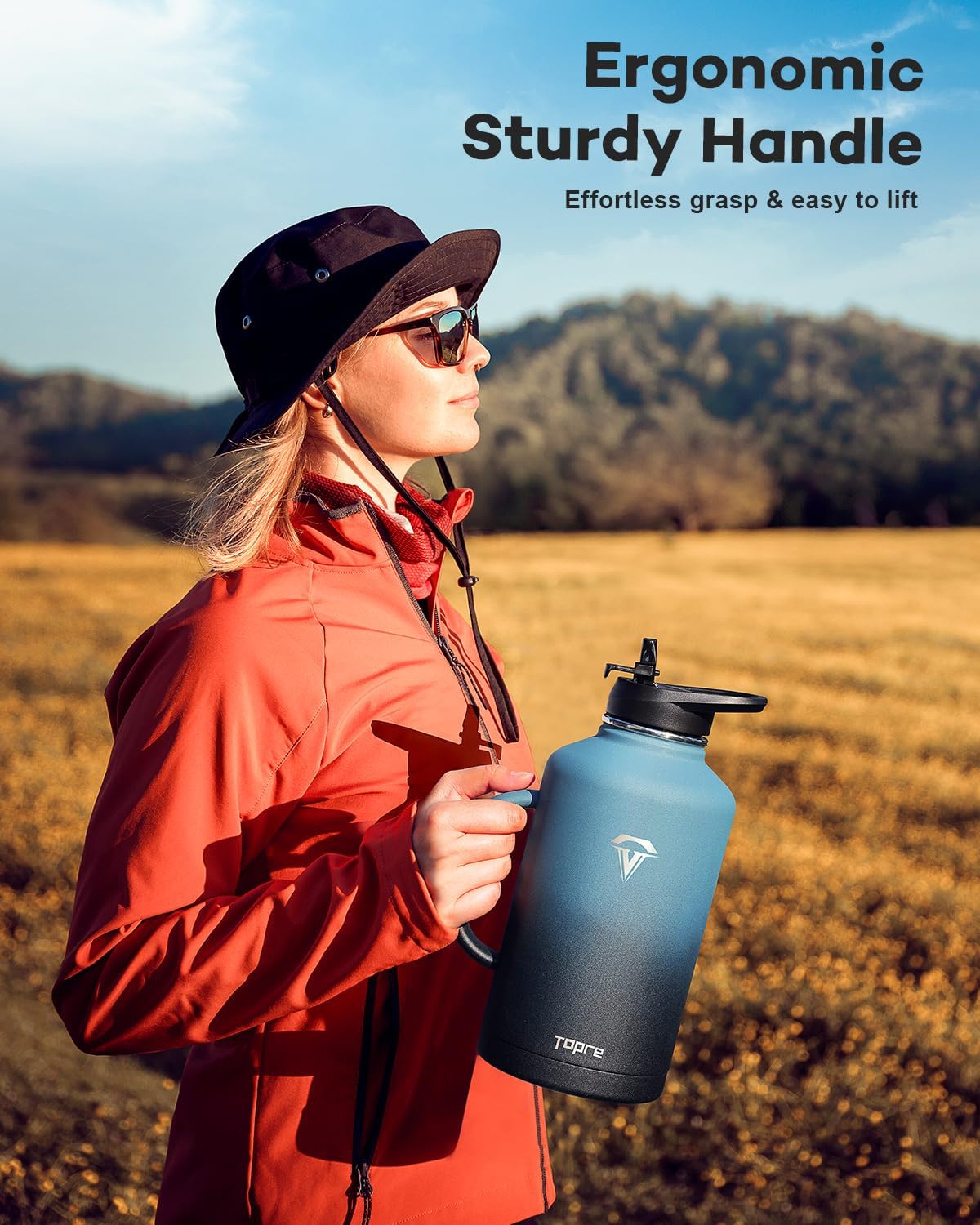 64oz Water Bottle Insulated with Handle,Double-Wall Vacuum Stainless Steel (Cold for 48 Hrs), Half Gallon Water Jugs,Reusable Metal Water Flask with Carry Pouch,Straw & Spout Lid,Indigo Black