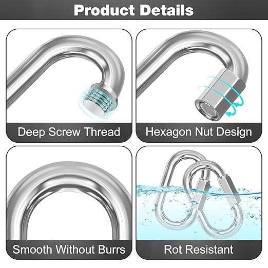 M6-50 Pack 2.3” Quick Links Chain Connectors, 1/4″ Galvanized Chain Locking Carabiners Hooks, 620LBS Heavy Duty Thread Quick Link Clips, Twist Oval Keychain D Shape for Swing, Camping