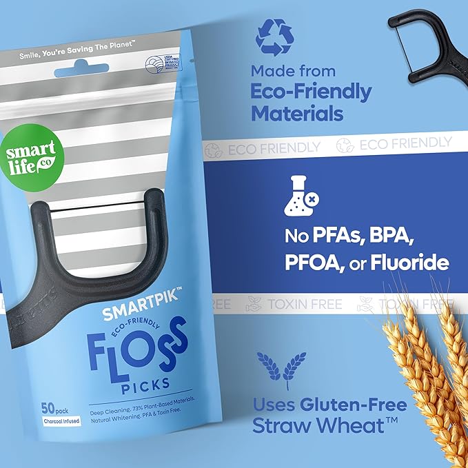SmartLifeco Eco-Friendly Dental Floss Picks (200ct) - Flossers Made with Straw Wheat Blend, Natural Teeth Whitening, Tooth Pick Stick for Adults, Soft on Gums, Activated Bamboo Charcoal Floss Thread