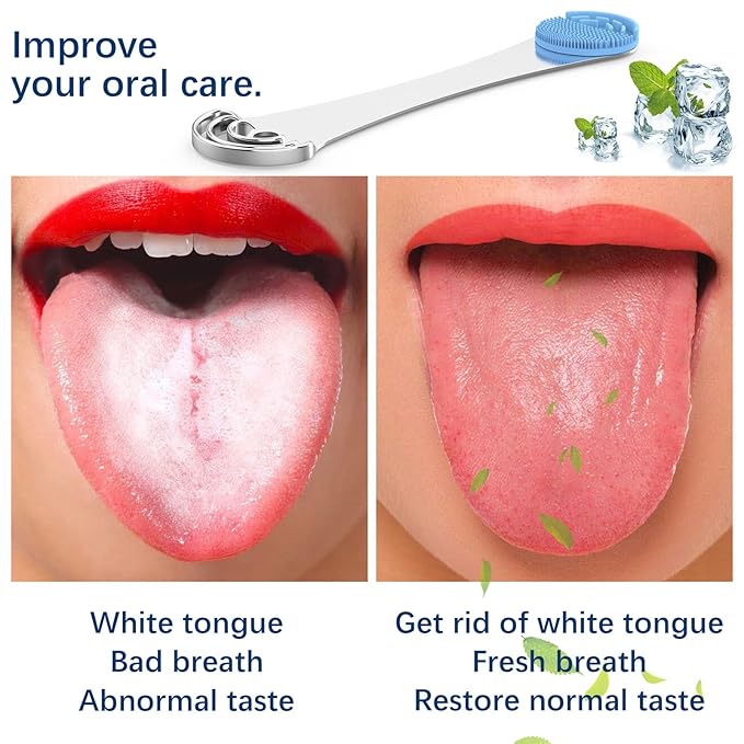 MOOSEC Tongue Scraper for Adults&Kids, Durable Food Grade 2 in 1 Silicone Tongue Brush and 100% Stainless Steel Tongue Scrapers, Reduce Bad Breath