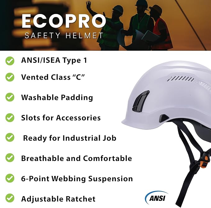 Land Helmets EcoPro Safety Helmet - ANSI/ISEA Z89.1-201 Type 1 Class C Vented - OSHA Approved - Lightweight Helmet with 6 Pt Suspension for Arborist, Industrial & Fall Protection