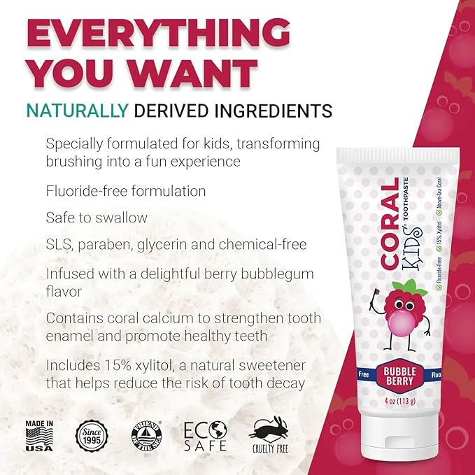 Coral White Kids Bubble Berry Fluoride Free Toothpaste - 4 Ounces (3 Pack)