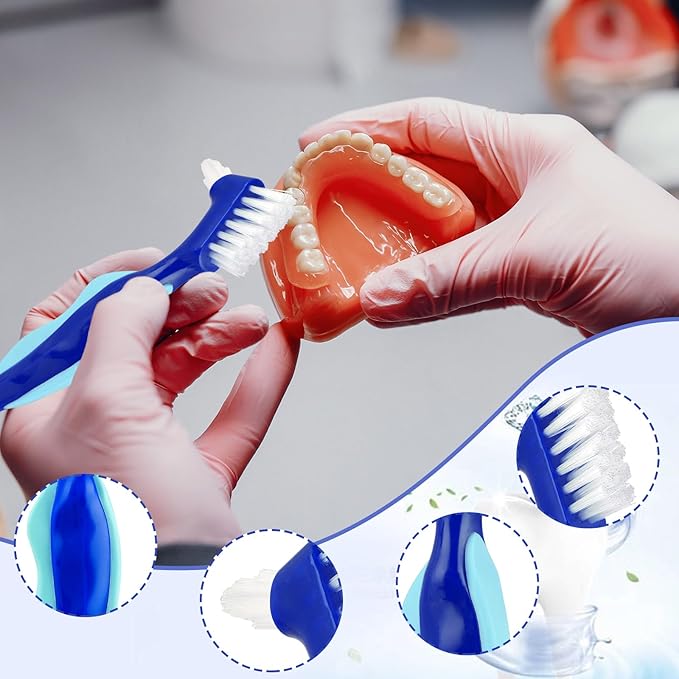 3 Pcs Hard Denture Brush, 3 Colors Premium Hygiene Denture Cleaning Brush for Denture Care, Double Sided Toothbrush with Multi-Layered Bristles & Rubber Anti-Slip Handle